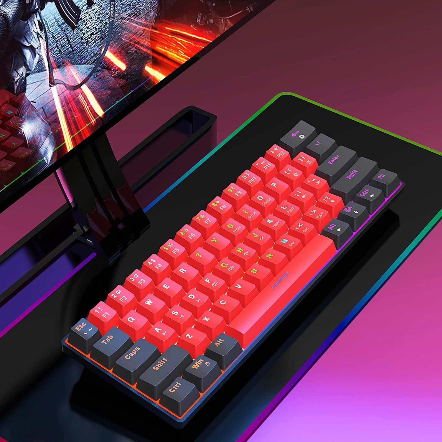 60% Wired Mechanical Keyboard, Mini Gaming Keyboard with 61 Keys for PC, Windows XP, Win 7, Win 10 (Black-Red, Red Switches)