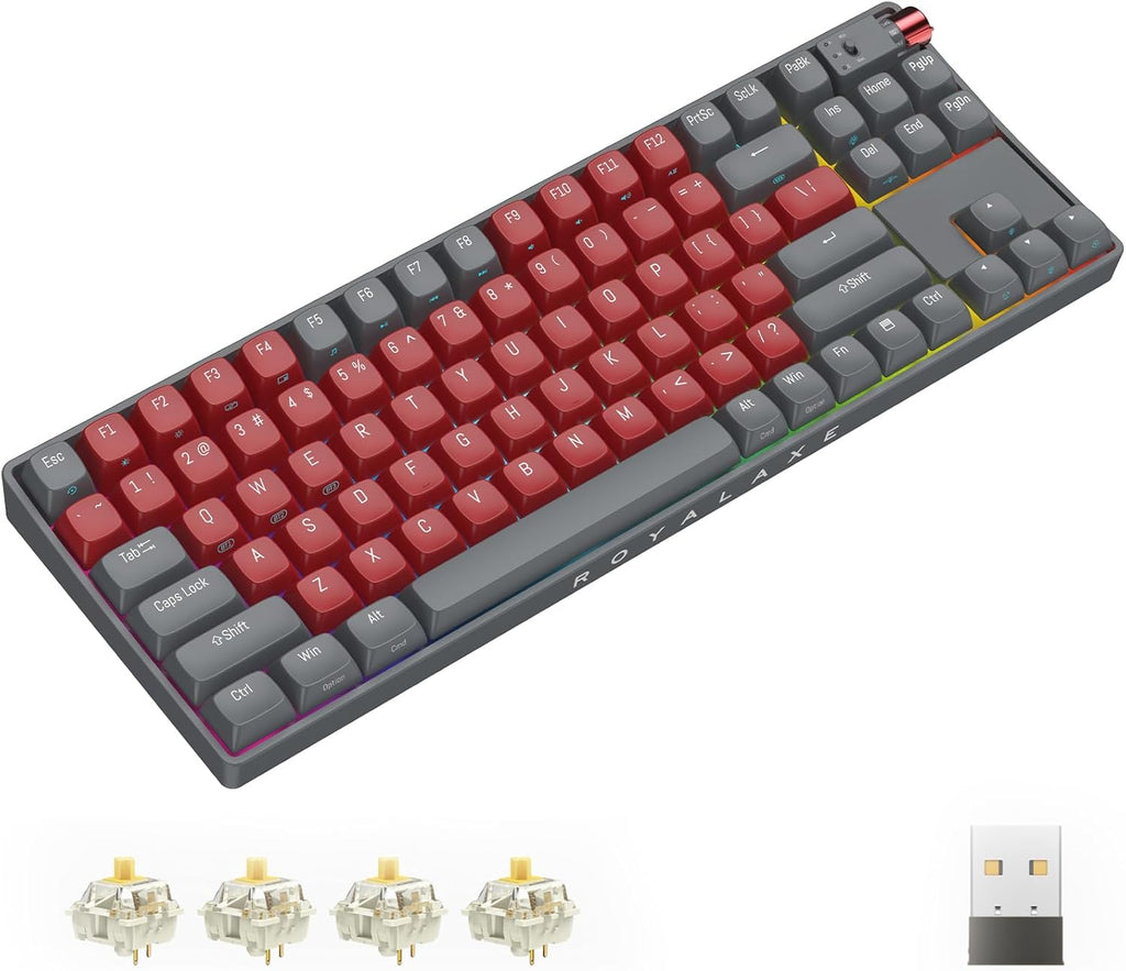 R87 Wireless Mechanical Keyboard, Hot Swappable Wired/2.4G Wireless/Bluetooth Keyboard with RGB Light for Windows & Mac, PBT Keycaps, G Pro 3.0 Yellow Switch, Night Crimson