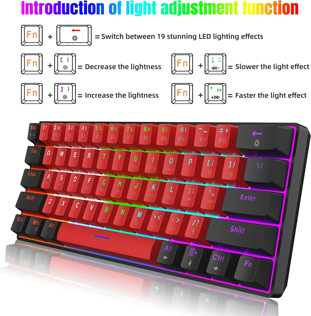 60% Wired Mechanical Keyboard, Mini Gaming Keyboard with 61 Keys for PC, Windows XP, Win 7, Win 10 (Black-Red, Red Switches)