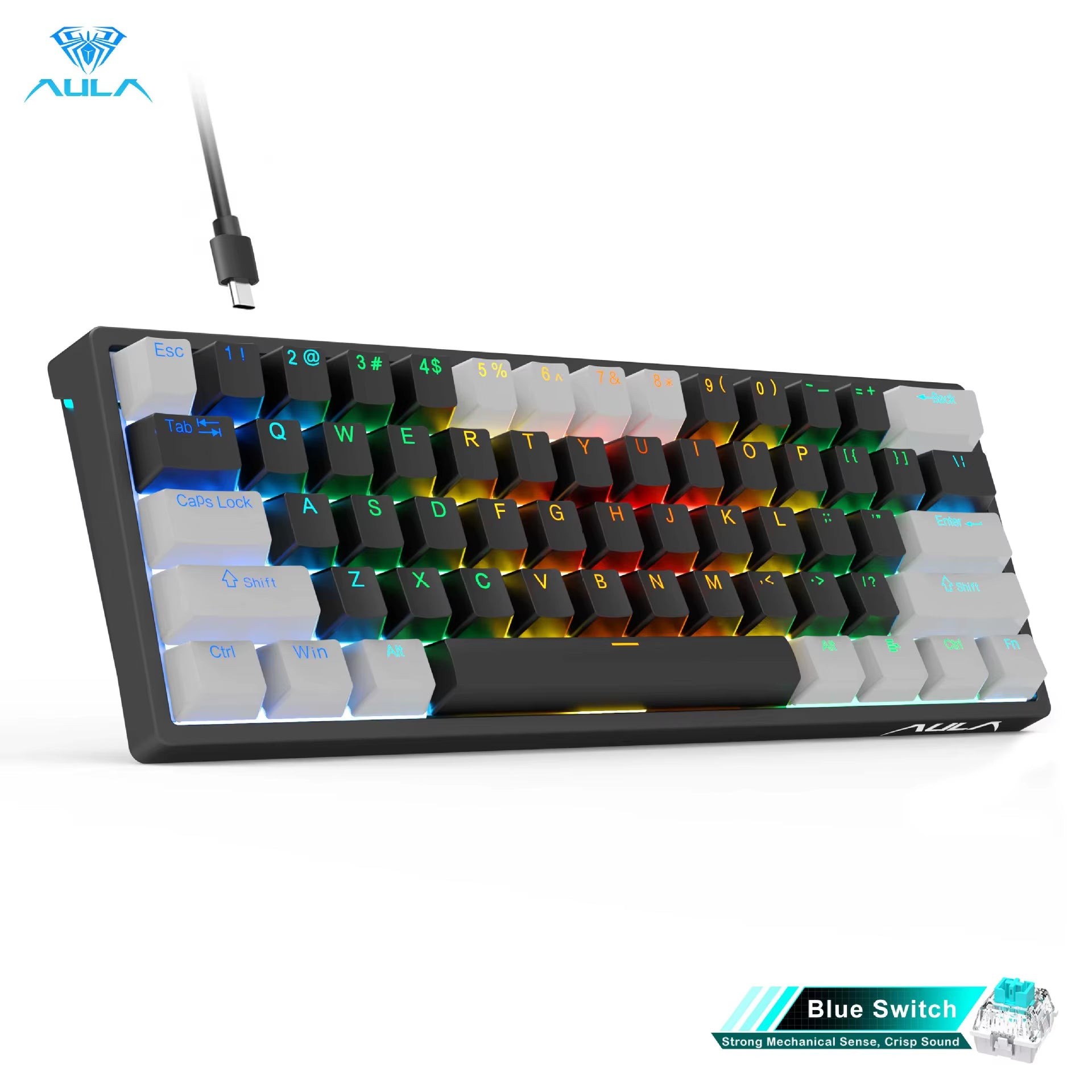 F3261 RGB Effect USB Mini Mechanical Gaming Keyboard Red Switch 61 Keys Wired Separated Detachable Cable for Mac Windows