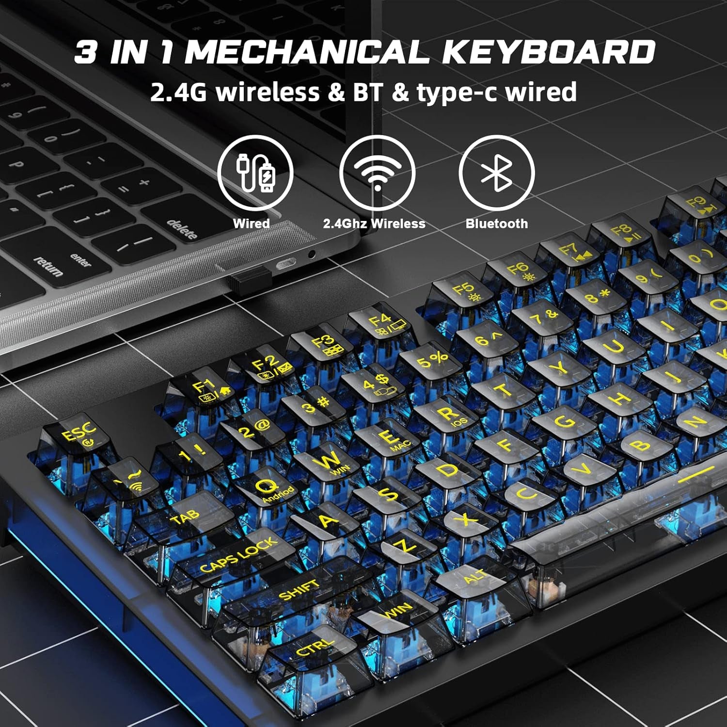 Wireless Mechanical Keyboard, 3 in 1 Hot Swappable RGB Mechanical Gaming Keyboard with Transparent Keycaps, All Keys Anti-Ghosting Gaming Keyboard for PC Windows Mac