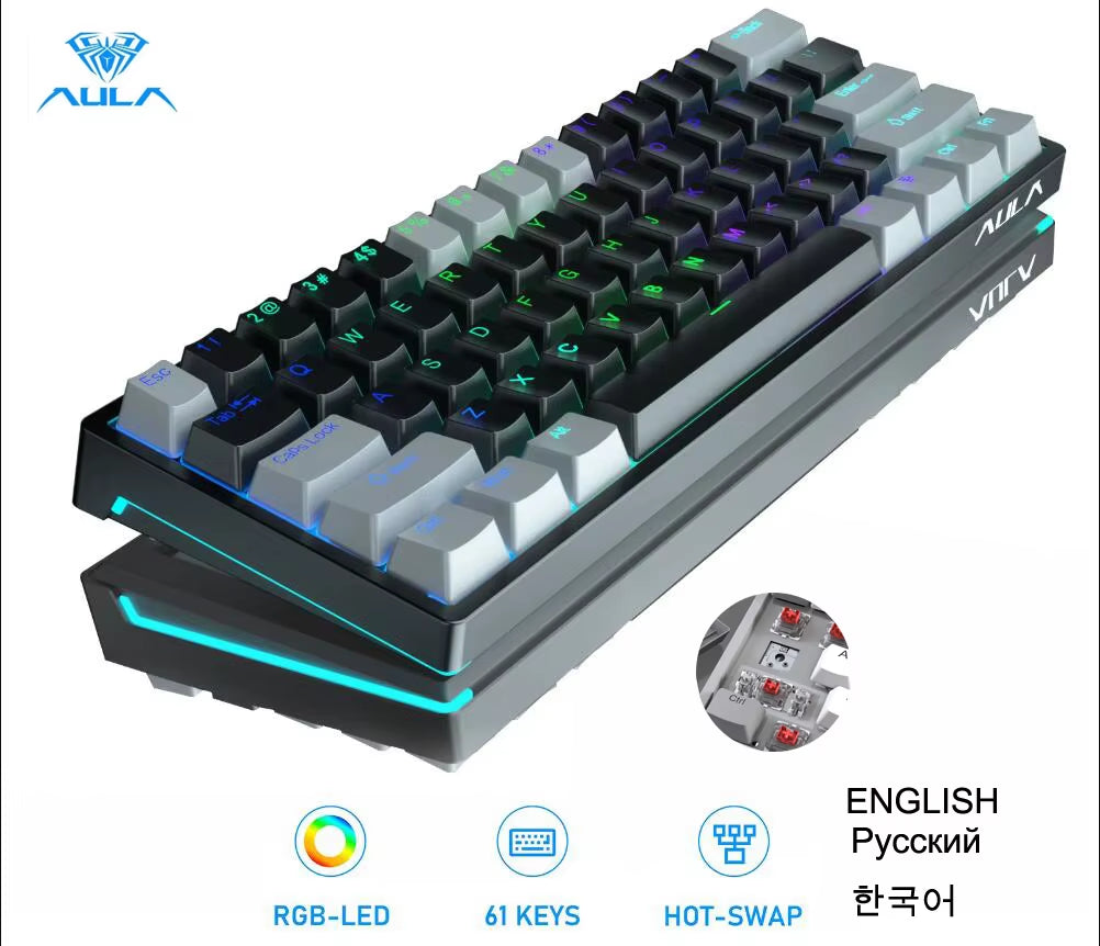 F3261 RGB Effect USB Mini Mechanical Gaming Keyboard Red Switch 61 Keys Wired Separated Detachable Cable for Mac Windows