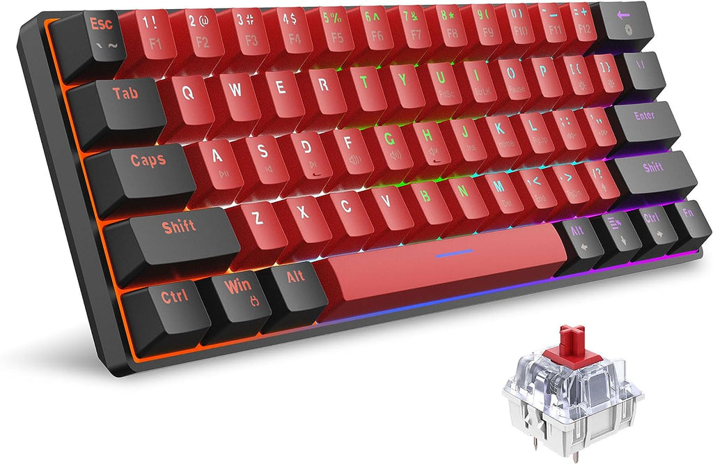 60% Wired Mechanical Keyboard, Mini Gaming Keyboard with 61 Keys for PC, Windows XP, Win 7, Win 10 (Black-Red, Red Switches)