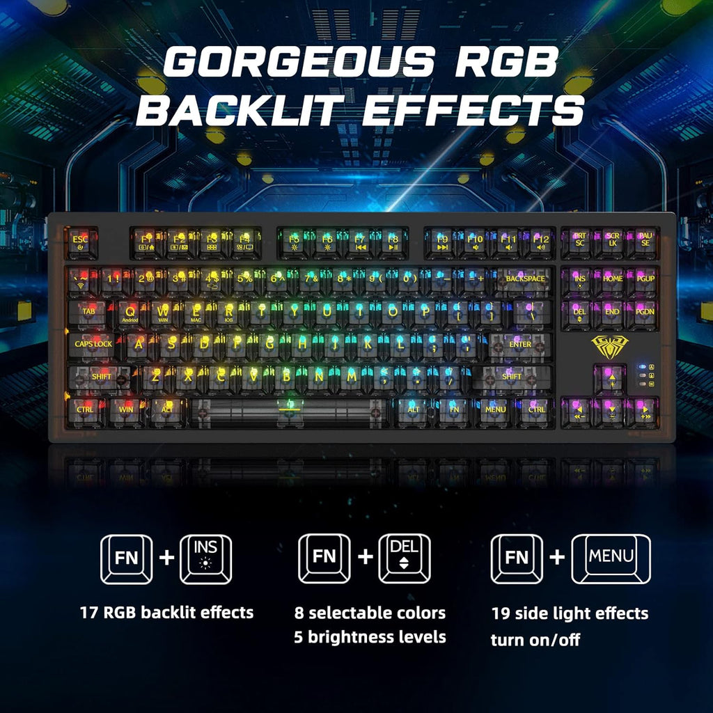 Wireless Mechanical Keyboard, 3 in 1 Hot Swappable RGB Mechanical Gaming Keyboard with Transparent Keycaps, All Keys Anti-Ghosting Gaming Keyboard for PC Windows Mac