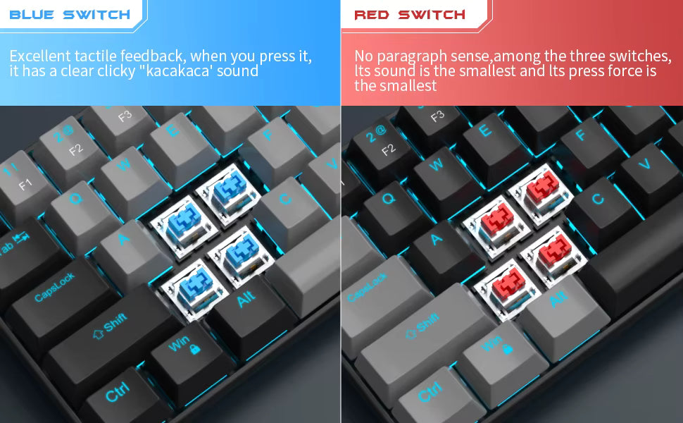 Mk-Star 61 Key 60% Mechanical Gaming Keyboard Sea Blue Backlit Compact RGB LED