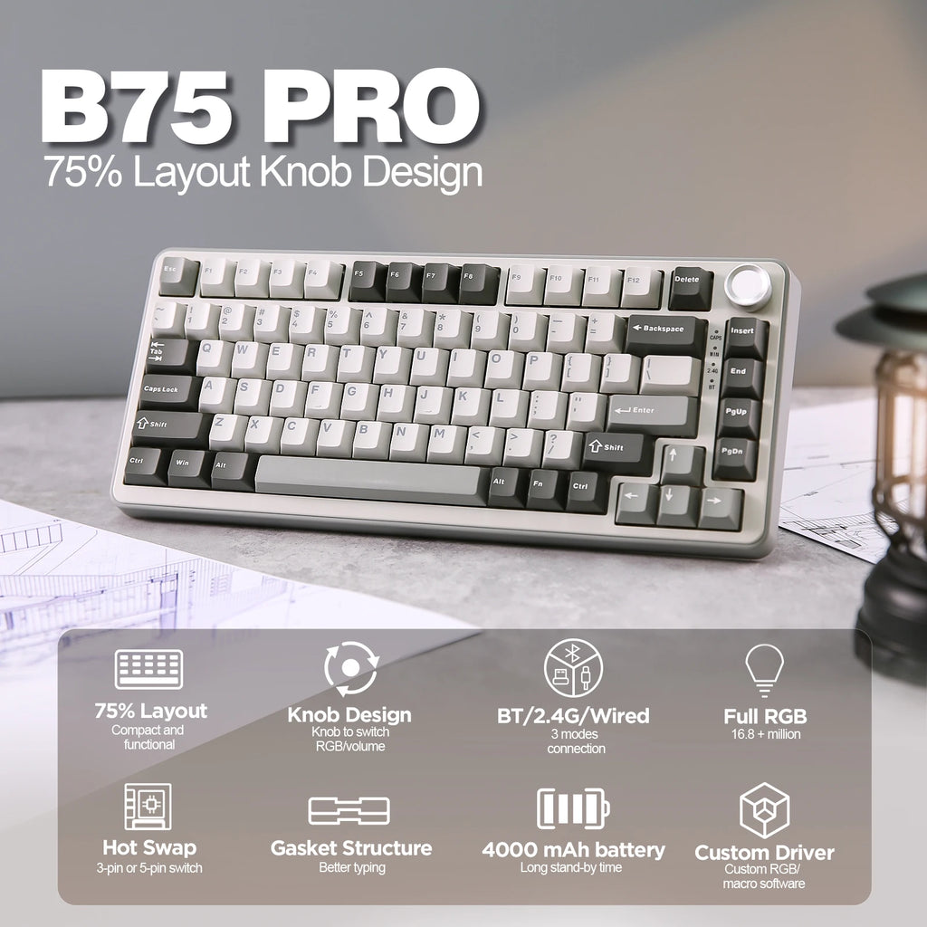 B75 PRO 82-Key Wireless Mechanical Gaming Keyboard, Gasket Hot Swap Custom RGB 75% Bt/Type-C/2.4G Creamy Knob Keyboard
