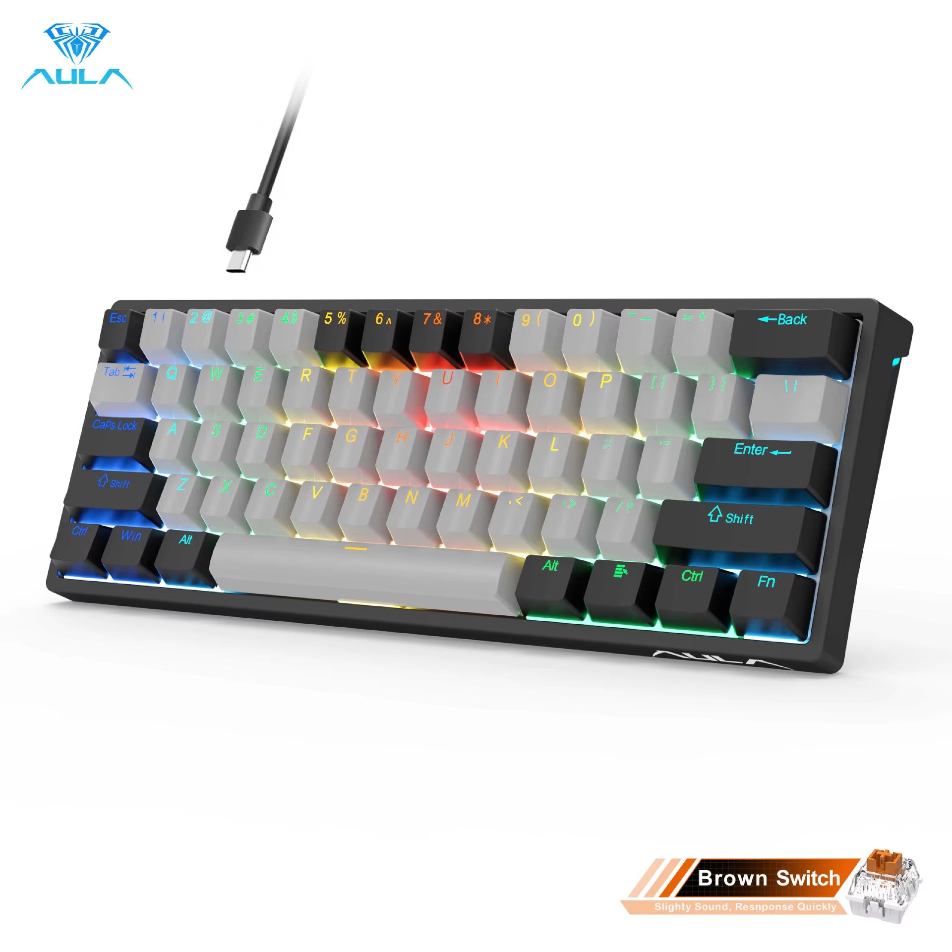 F3261 RGB Effect USB Mini Mechanical Gaming Keyboard Red Switch 61 Keys Wired Separated Detachable Cable for Mac Windows