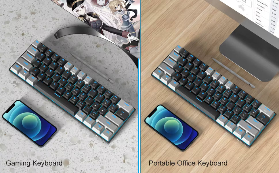 Mk-Star 61 Key 60% Mechanical Gaming Keyboard Sea Blue Backlit Compact RGB LED