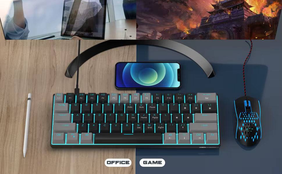Mk-Star 61 Key 60% Mechanical Gaming Keyboard Sea Blue Backlit Compact RGB LED