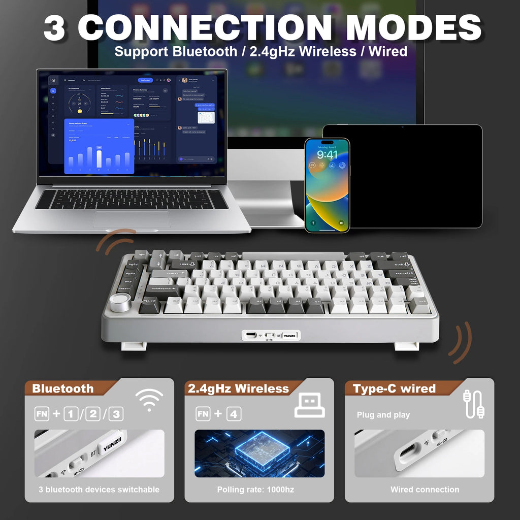 B75 PRO 82-Key Wireless Mechanical Gaming Keyboard, Gasket Hot Swap Custom RGB 75% Bt/Type-C/2.4G Creamy Knob Keyboard