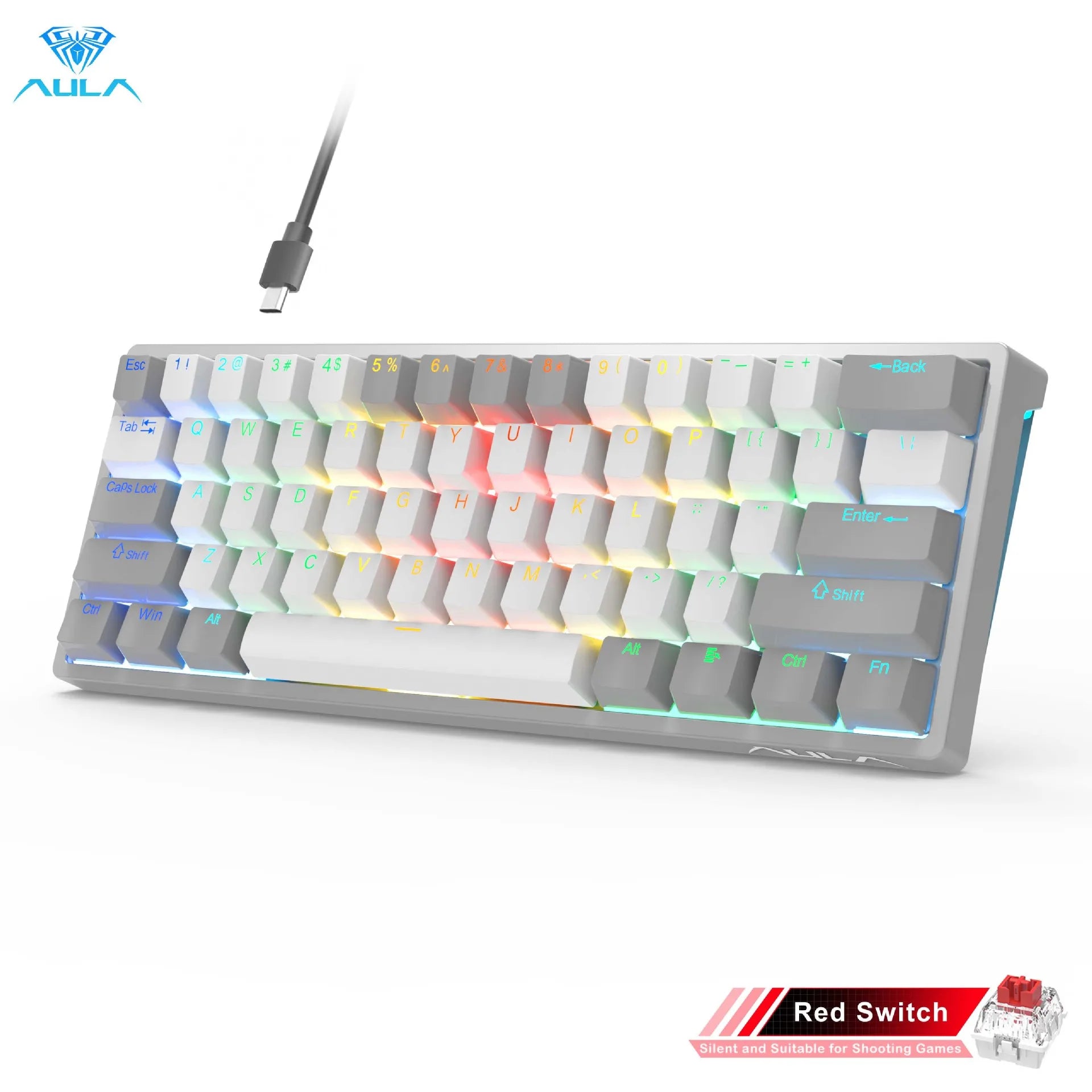 F3261 RGB Effect USB Mini Mechanical Gaming Keyboard Red Switch 61 Keys Wired Separated Detachable Cable for Mac Windows